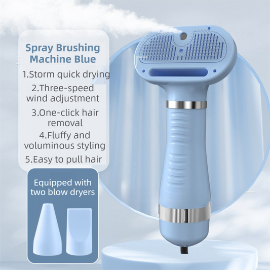 Blue 6-in-1 Pet Grooming Hair Dryer with Noise-Reduction - Lightweight Handheld Blow Dryer & Mist Slicker Brush - 3-Speed Temperature Control, One-Click Deshedding & Painless Massage