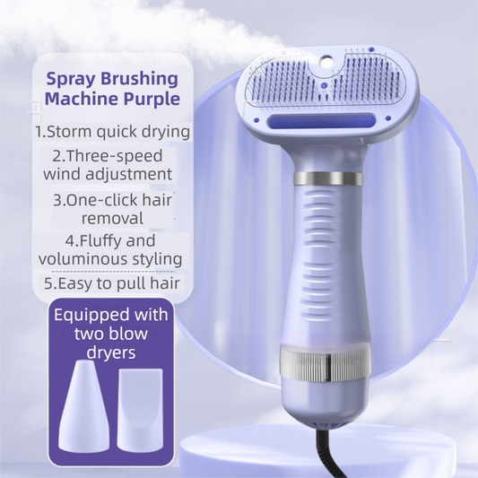 Purple 6-in-1 Pet Grooming Hair Dryer with Noise-Reduction - Lightweight Handheld Blow Dryer & Mist Slicker Brush - 3-Speed Temperature Control, One-Click Deshedding & Painless Massage