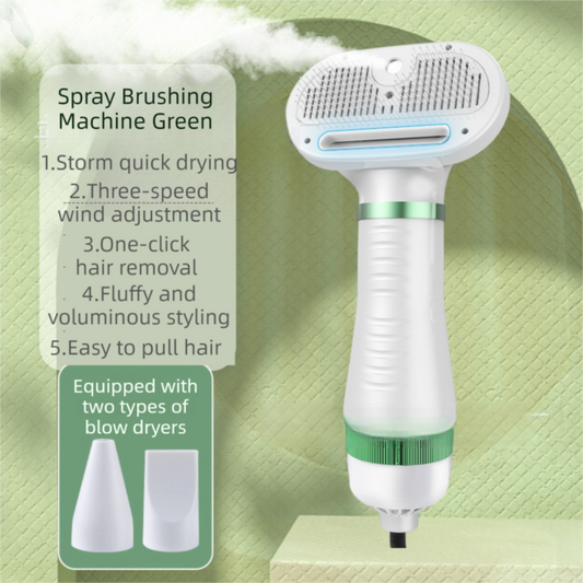 Green 6-in-1 Pet Grooming Hair Dryer with Noise-Reduction - Lightweight Handheld Blow Dryer & Mist Slicker Brush - 3-Speed Temperature Control, One-Click Deshedding & Painless Massage