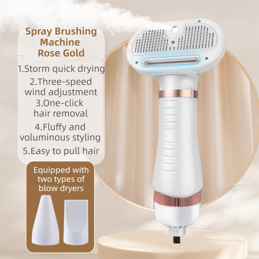 Rose Gold 6-in-1 Pet Grooming Hair Dryer with Noise-Reduction - Lightweight Handheld Blow Dryer & Mist Slicker Brush - 3-Speed Temperature Control, One-Click Deshedding & Painless Massage