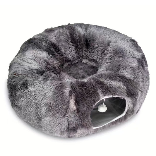 2-in-1 Dark Grey Tie-Dye Donut-Shaped Cat Tunnel Bed -  Spacious 85cm Pet Play Tunnel & Lounger, Durable Fabric for Cats & Kittens