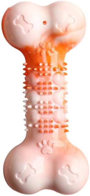 2-Pack Durable TPR Squeaky Dog Bone with Two-Tone Paw Print - Dental Health & Gum Massage Spiked Molar Toy(Orange-White)