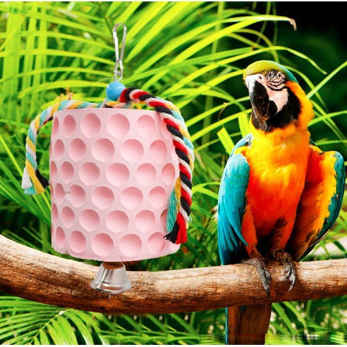 2-Pack Pink Hanging Bird Chew Toy with Bell and Rope, Ideal for Parrots, Squirrels, and Rodents – Durable Wood-Based Grinding Stone for Beak Exercise and Enrichment