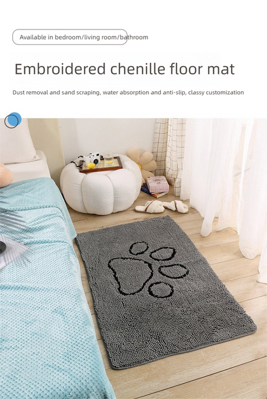 Grey Chenille Pet Mat Non-Slip Absorbent Dog & Cat Rug 40x60cm Cute Paw Print Design for Feeding Sleeping or Entryway