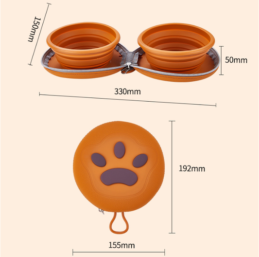 Brown-pink Portable Collapsible Double Pet Bowls for Dogs and Cats - 2x 450ml Food Grade Silicone Travel Feeder with Zippered Paw Carrying Case - Lightweight Outdoor Water and Food Bowl Set