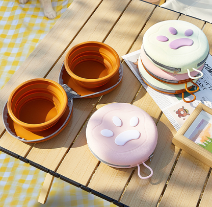 Brown-yellow Portable Collapsible Double Pet Bowls for Dogs and Cats - 2x 450ml Food Grade Silicone Travel Feeder with Zippered Paw Carrying Case - Lightweight Outdoor Water and Food Bowl Set
