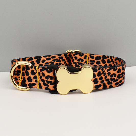S Leopard Print Boho Patterned Dog Collar with Gold Metal Bone Buckle Adjustable Tribal & Leopard Print Neck Strap for Puppies & Dogs