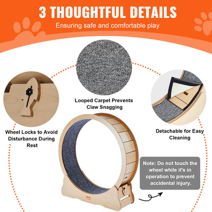 VEVOR Wooden Cat Exercise Wheel, 43.3" Large Cat Treadmill Wheel for Indoor Cats, Cat Running Wheel with Detachable Carpet & Cat Teaser for Running/Walking/Training, Suitable for Most Cats Yellow