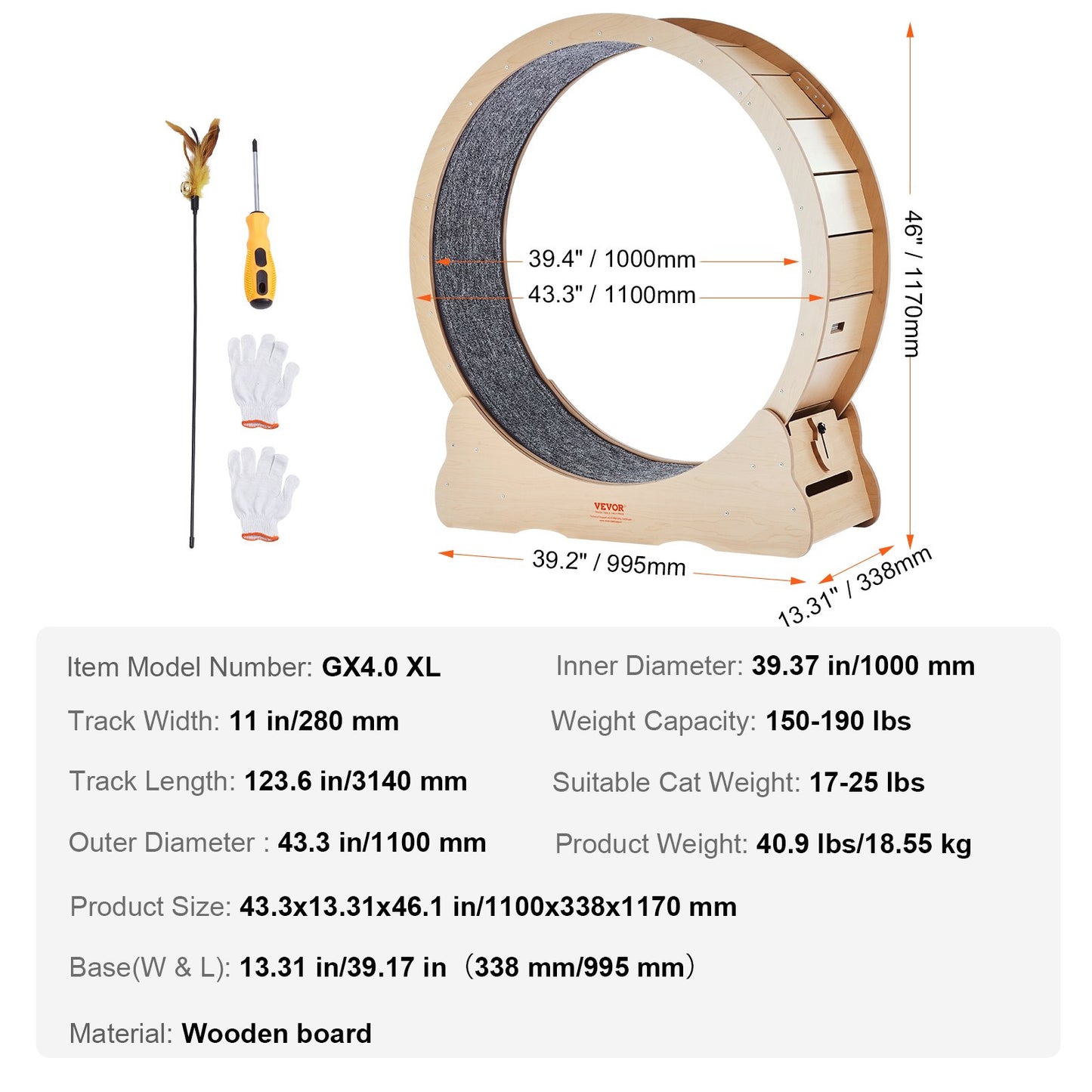 VEVOR Wooden Cat Exercise Wheel, 43.3" Large Cat Treadmill Wheel for Indoor Cats, Cat Running Wheel with Detachable Carpet & Cat Teaser for Running/Walking/Training, Suitable for Most Cats Yellow