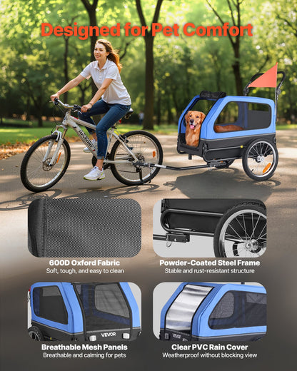VEVOR Dog Bike Trailer, Supports up to 40 kg, 2-in-1 Pet Stroller Cart Bicycle Carrier for Small & Large Dogs, Easy Folding Frame with Quick Release Wheel, Universal Bicycle Coupler, Internal Leash