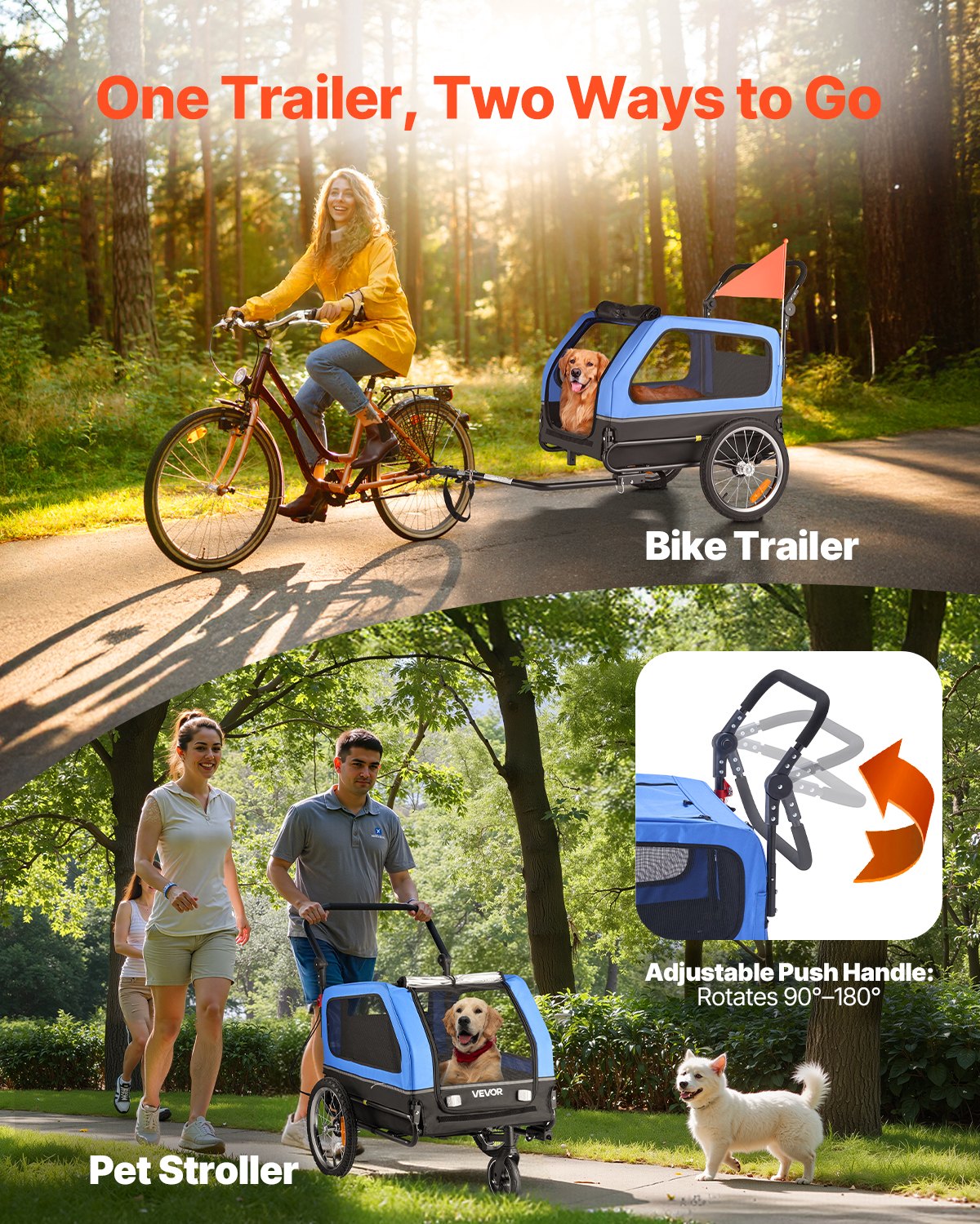 VEVOR Dog Bike Trailer, Supports up to 40 kg, 2-in-1 Pet Stroller Cart Bicycle Carrier for Small & Large Dogs, Easy Folding Frame with Quick Release Wheel, Universal Bicycle Coupler, Internal Leash